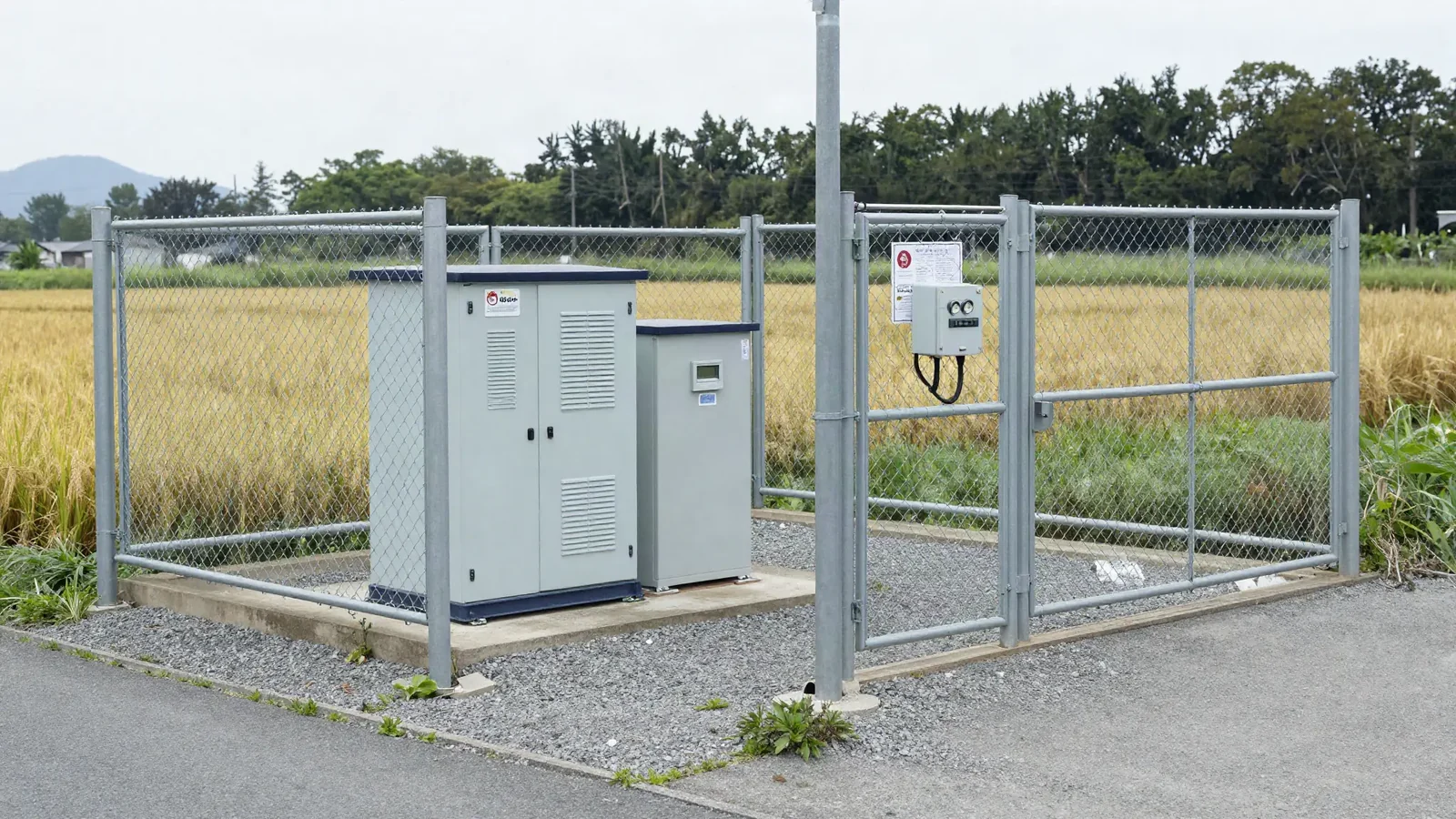 設置後の区画。柵の内側に蓄電池・PCS・計量器が収まり、外から見ると小さな電気室です。