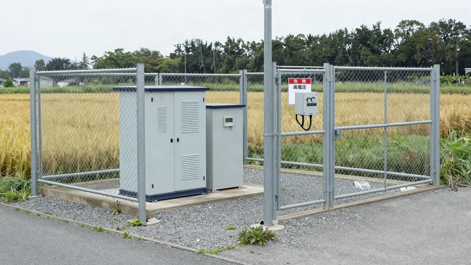 設置後の区画。柵の内側に蓄電池・PCS・計量器が収まり、外から見ると小さな電気室です。