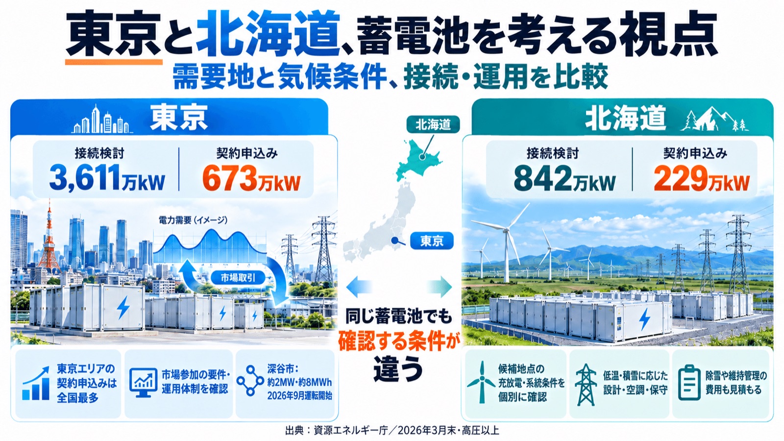 東京と北海道の比較。統計:資源エネルギー庁/深谷市の事例:森ビル。写真・地図はイメージ。