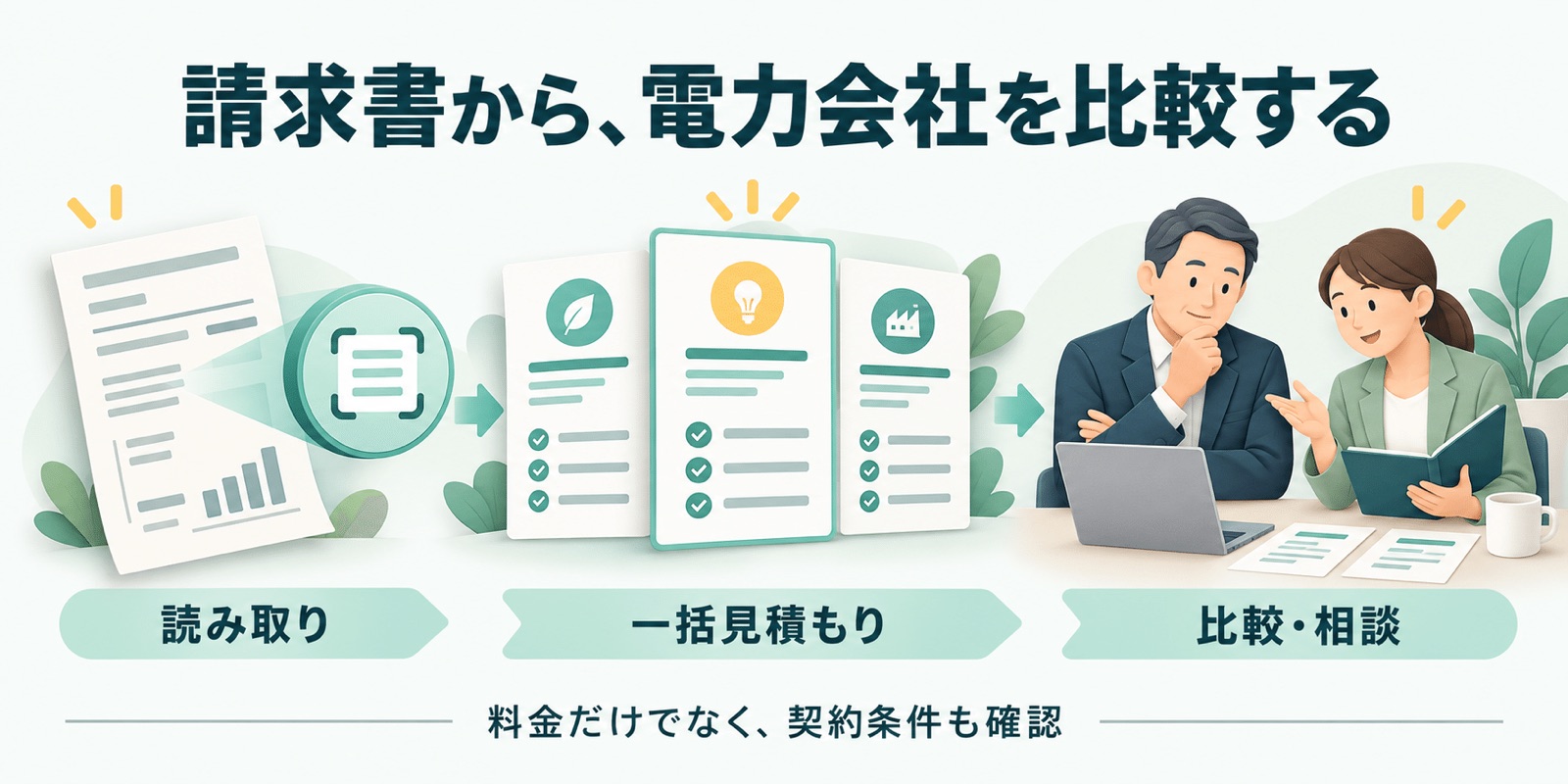 請求書の読み取りから一括見積もり・比較相談へ(説明用イラスト)