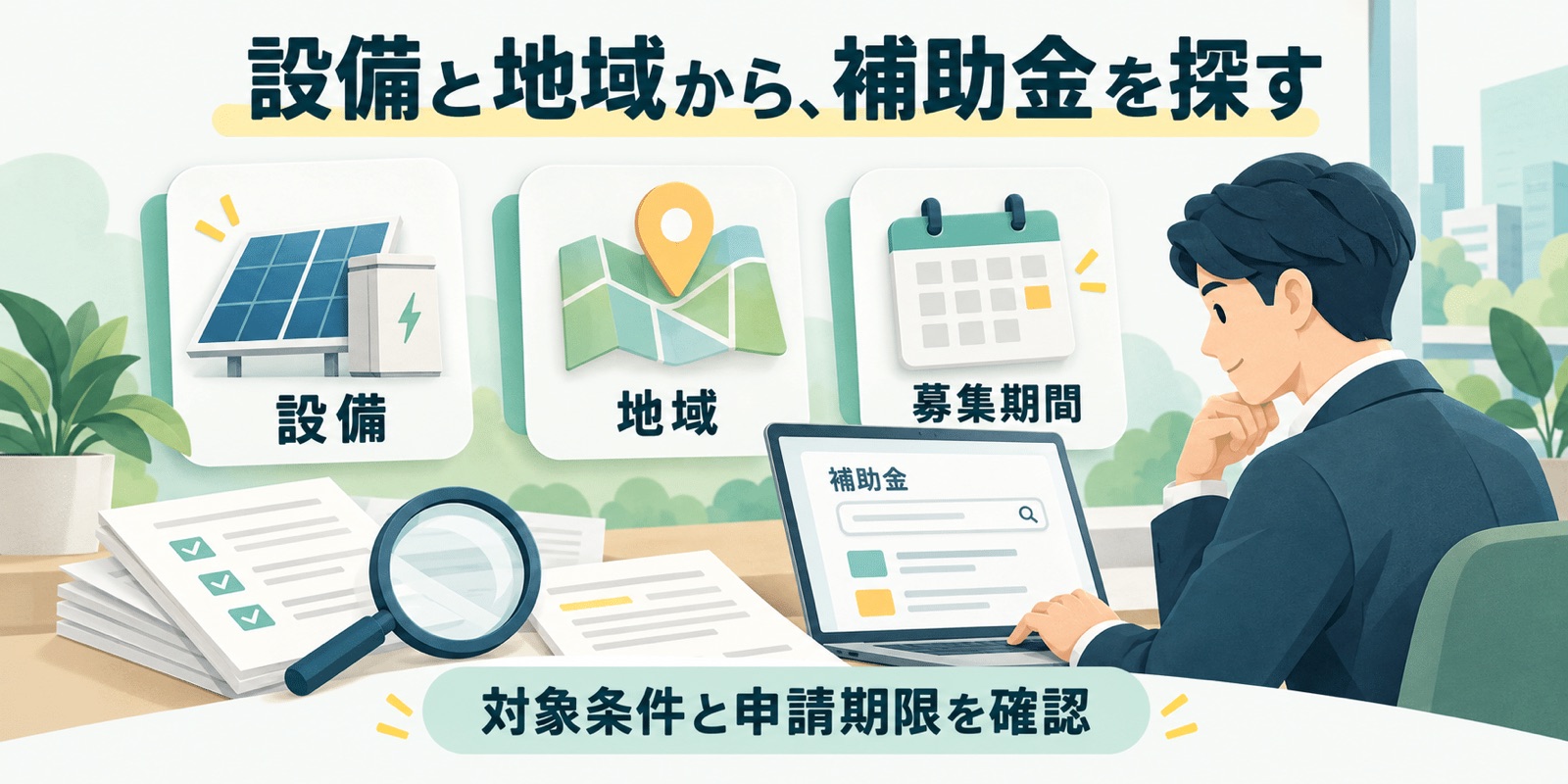 設備・地域・募集期間を条件に補助金を探す(説明用イラスト)