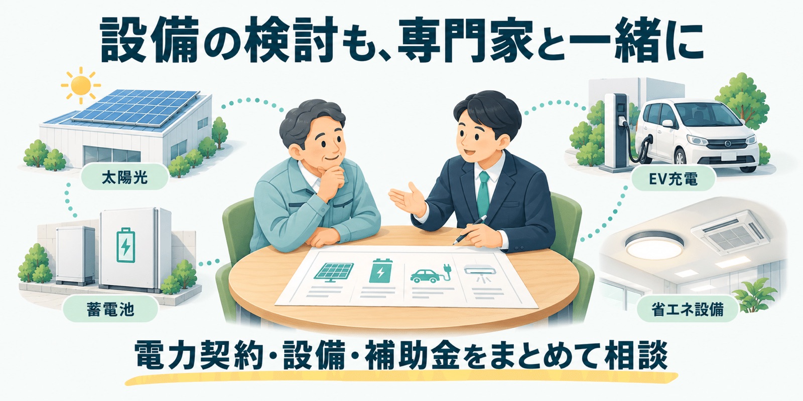 電力契約・設備・補助金を専門家と相談する(説明用イラスト)
